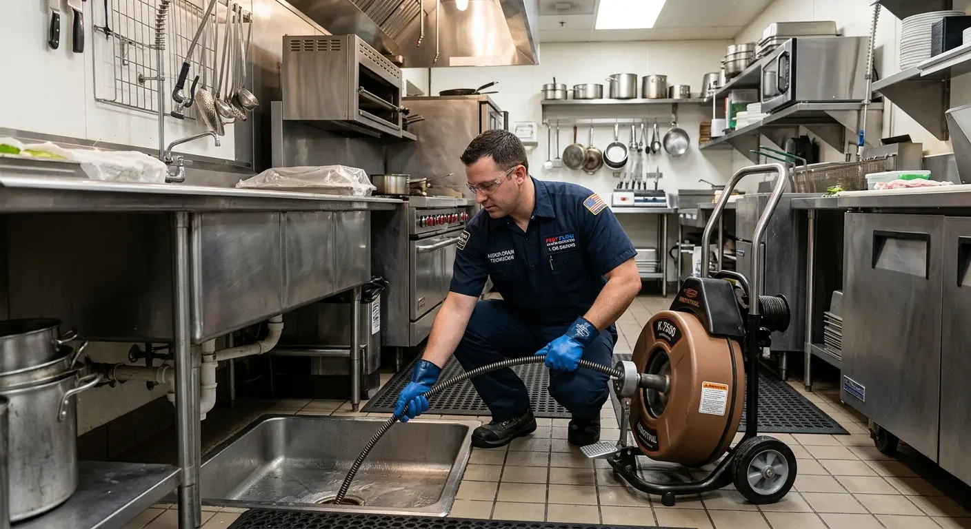 Commercial drain cleaning service in a restaurant kitchen in Lowes Island