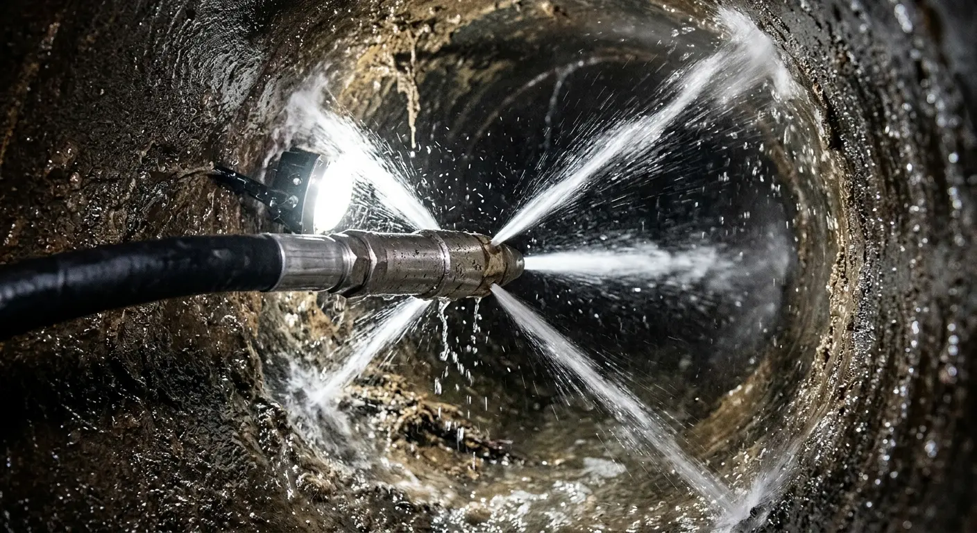 High-pressure hydro jetting nozzle cleaning sewer pipe for Sewer Cleanout in Lowes Island