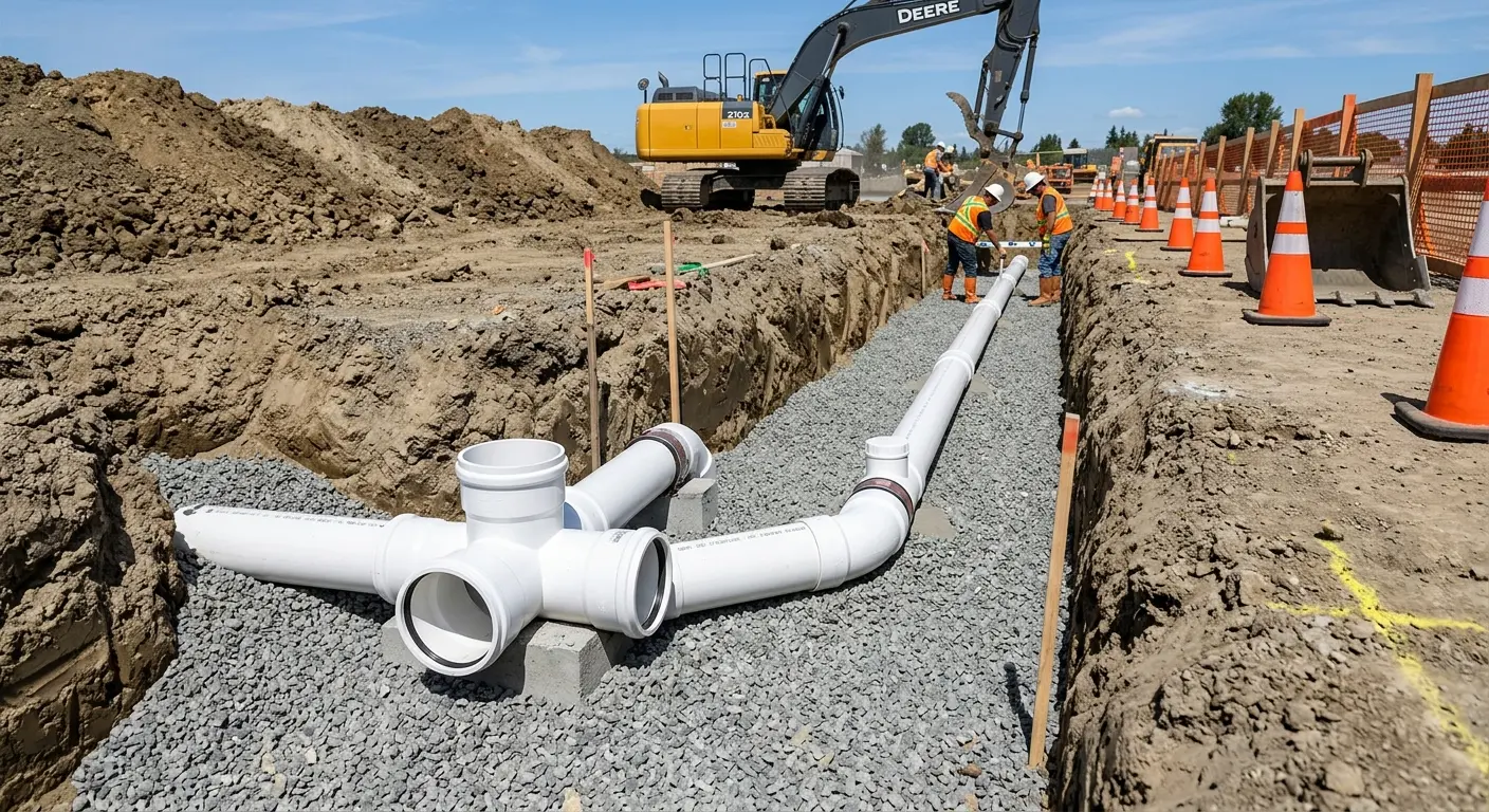 New PVC sewer pipe installation in open trench for Sewer Backup in Lowes Island
