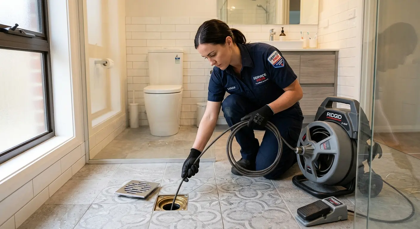 Technician clearing a bathroom floor drain for Drain Cleaning in Lowes Island